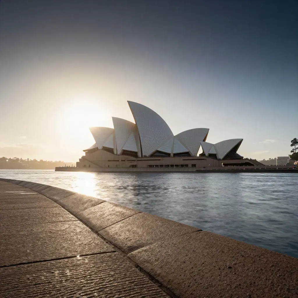 Sydney Harbour sunrise with the Opera House above calm water and sandstone promenade