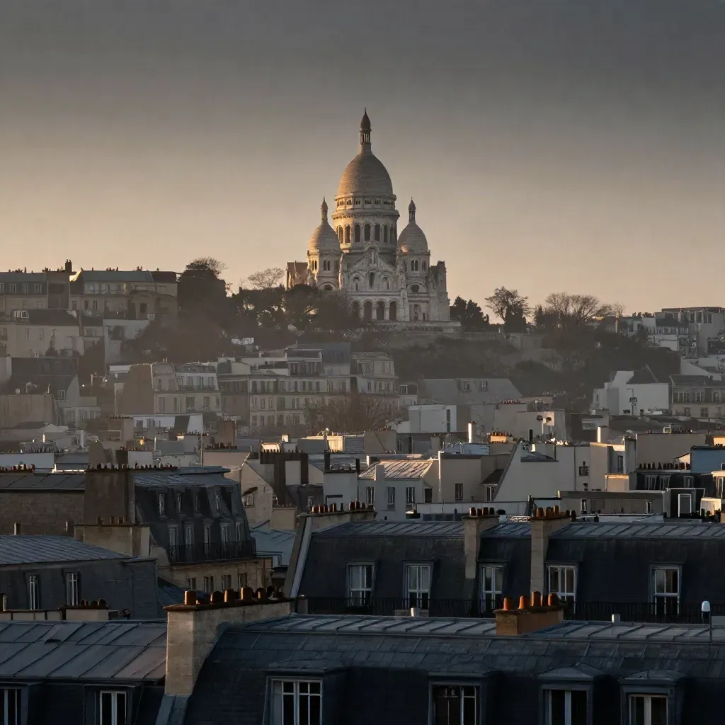 Hazy Paris rooftops at dusk with Sacré-Cœur high above slate chimneys