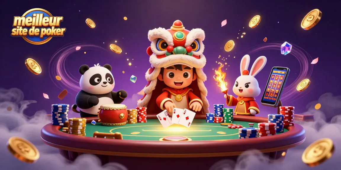 Jouez au meilleur site de poker avec une scène dynamique incluant un lion dansant et des actions de poker.