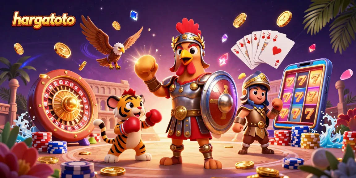 Engage in thrilling gameplay with hargatoto's dynamic casino scene featuring vibrant characters and game elements.