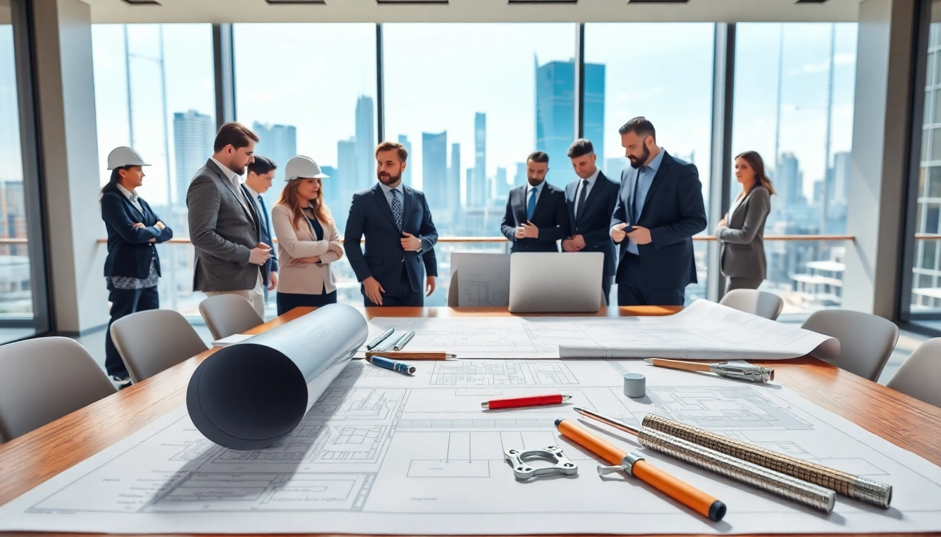 Construction association professionals collaborating over blueprints in a bright conference room.