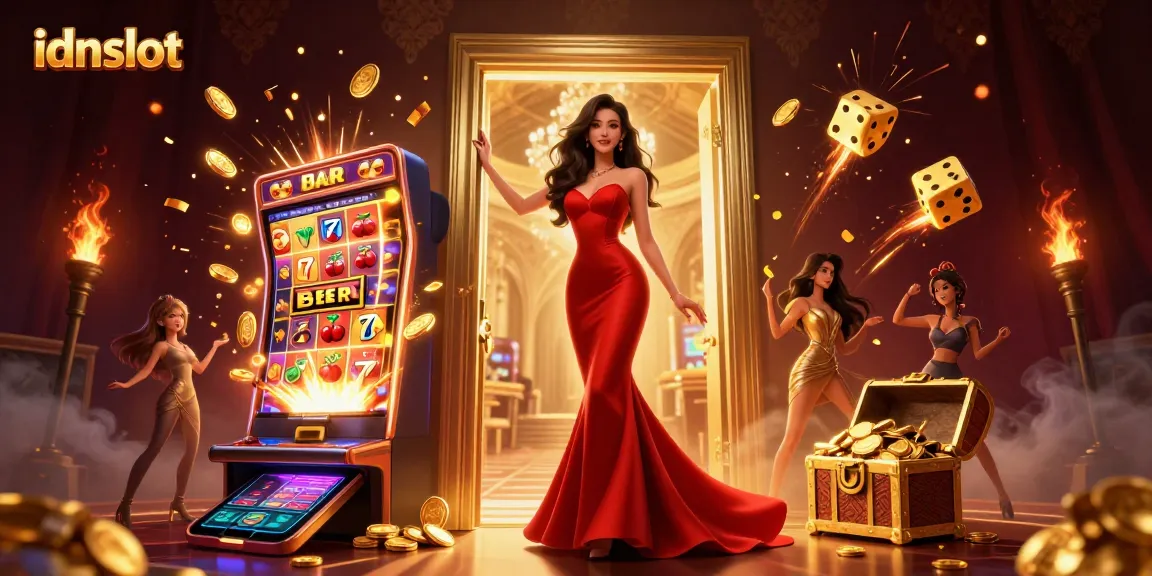 Experience thrilling jackpots at idnslot with a beautiful woman in a VIP casino setting.
