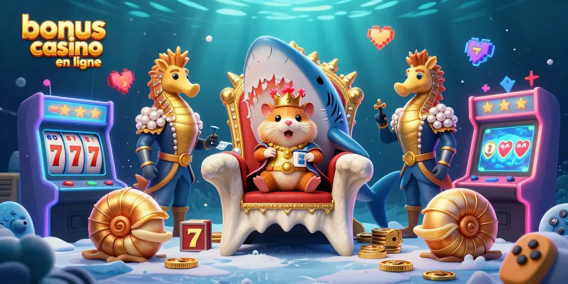 Profitez des meilleures offres de bonus casino en ligne avec un roi hamster sur son trône de dents de requin.