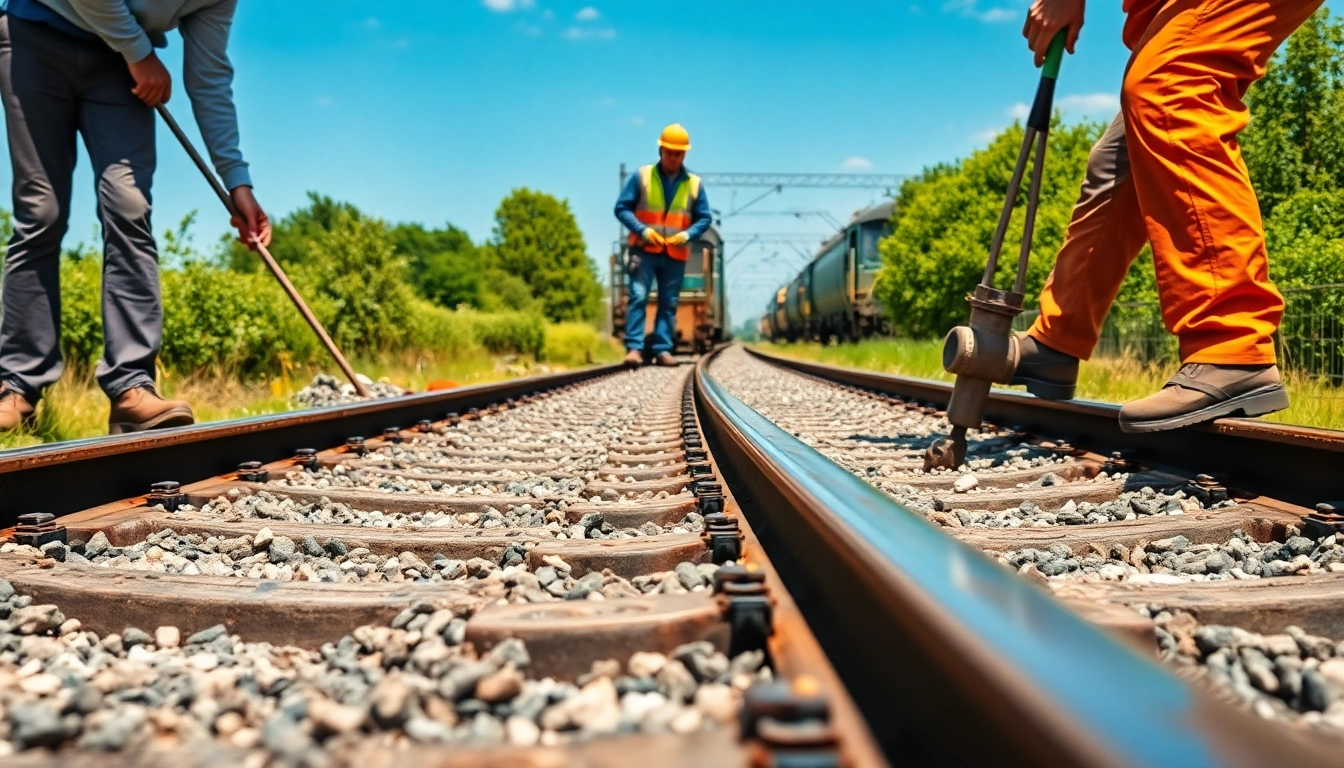 Railroad Maintenance crew repairing tracks with new ballast and tools, enhancing rail infrastructure.