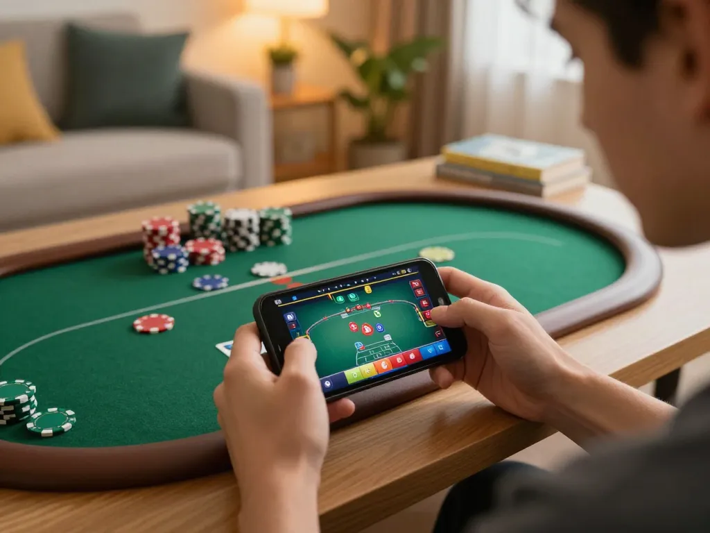 Player enjoying tg88 mobile gaming in a cozy living room with poker strategies visible on the screen