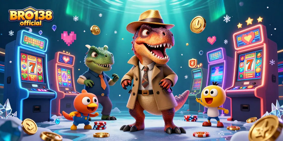 Experience thrilling gameplay at BRO138 official with colorful slot machines surrounded by cartoon dinosaurs.