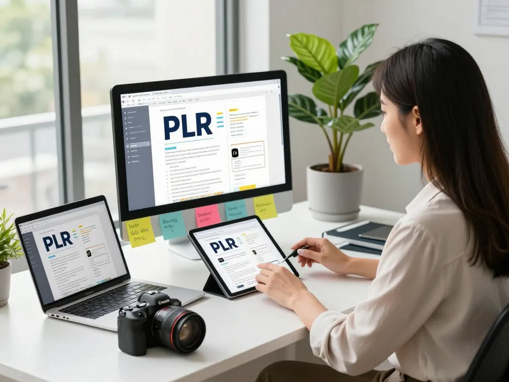 Purchase PLR Content in a vibrant business workspace with digital tools.