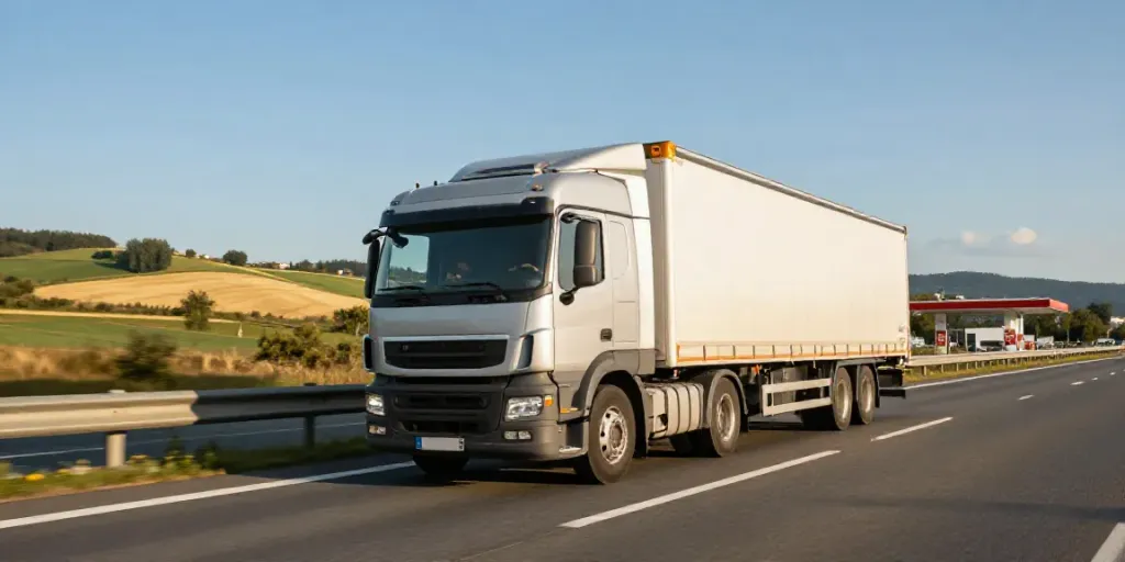 LKW Transport Europa mit modernem LKW auf der Autobahn, umgeben von malerischen Landschaften.