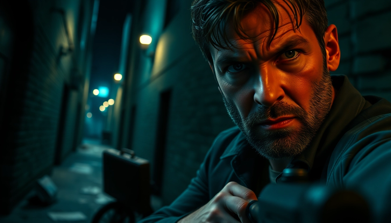 Hero facing action in a dramatic urban setting, showcasing tension better than Reacher.