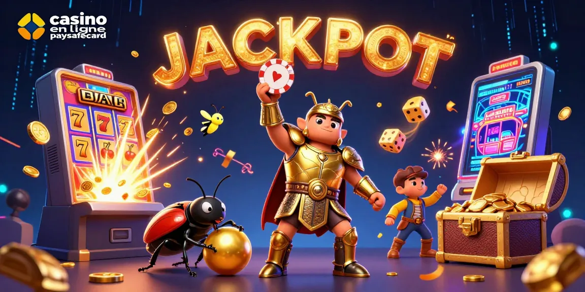 Illustration 3D d'un casino en ligne paysafecard, mettant en avant un scarabée en armure et des éléments de jeu captivants.