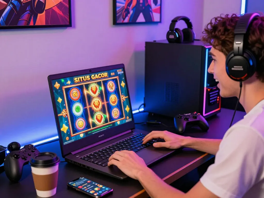 Gamer bersemangat terlibat dengan permainan slot situs gacor di laptop gaya, visual yang cerah di sekelilingnya