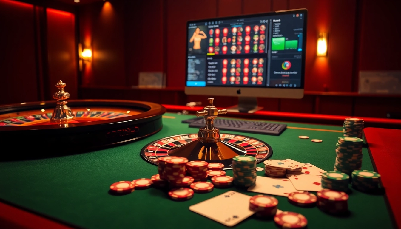 Scène captivante mettant en avant un casino en ligne fiable avec des moments forts de roulette et de poker, immergeant les joueurs dans l'excitation du casino en ligne France fiable.