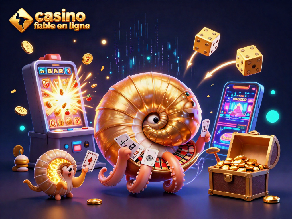 Casino fiable en ligne : illustration colorée d'un nautilus géant au casino avec des jeux de hasard.