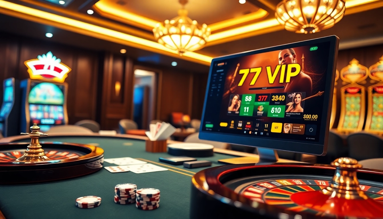 Experience the luxury of 777VIP with vibrant casino elements like poker chips and a roulette wheel.