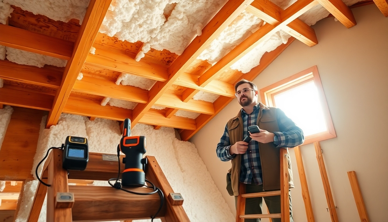 Analyze problems with spray foam insulation during an attic inspection, emphasizing contractor tools and bright surroundings.