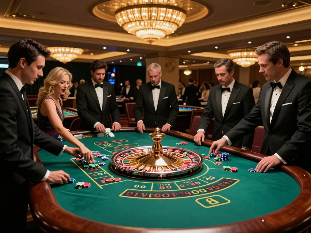 Players enjoying roulette at 58win casino, placing bets and celebrating near a spinning wheel.