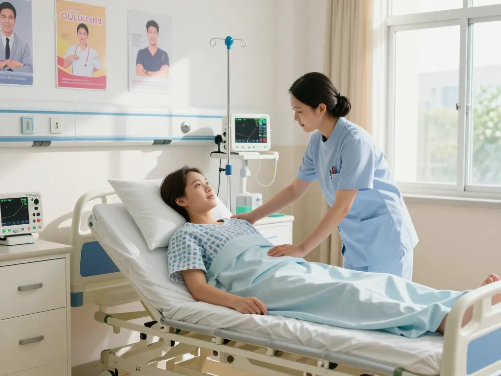 Patient being adjusted on a giường bệnh nhân in a well-lit hospital room, highlighting care and comfort in recovery.
