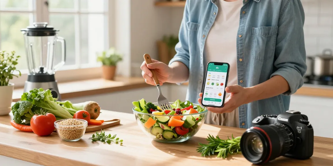 Discover the best food tracker while preparing a nutritious meal with fresh ingredients and a smart app.