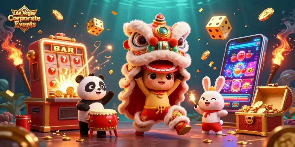 Experience the excitement of Las Vegas Corporate Events with vibrant casino-themed characters and spectacular jackpots.