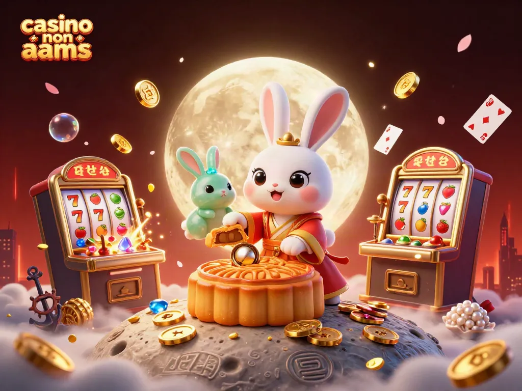 Esplora il mondo dei casino non AAMS con un coniglio lunare tra elementi di gioco e simboli dorati.