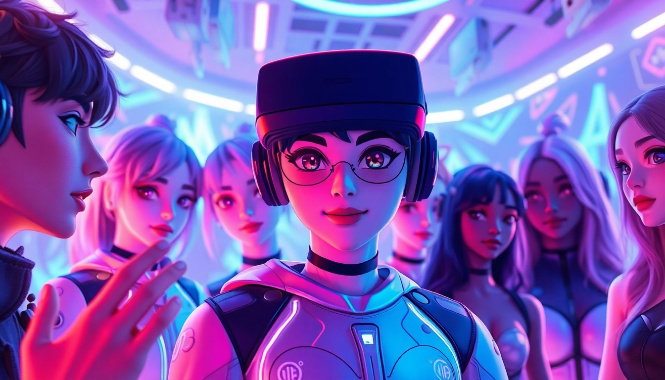 Engaging with NSFW character AI in a futuristic virtual chat environment, showcasing diverse avatars and immersive technology.