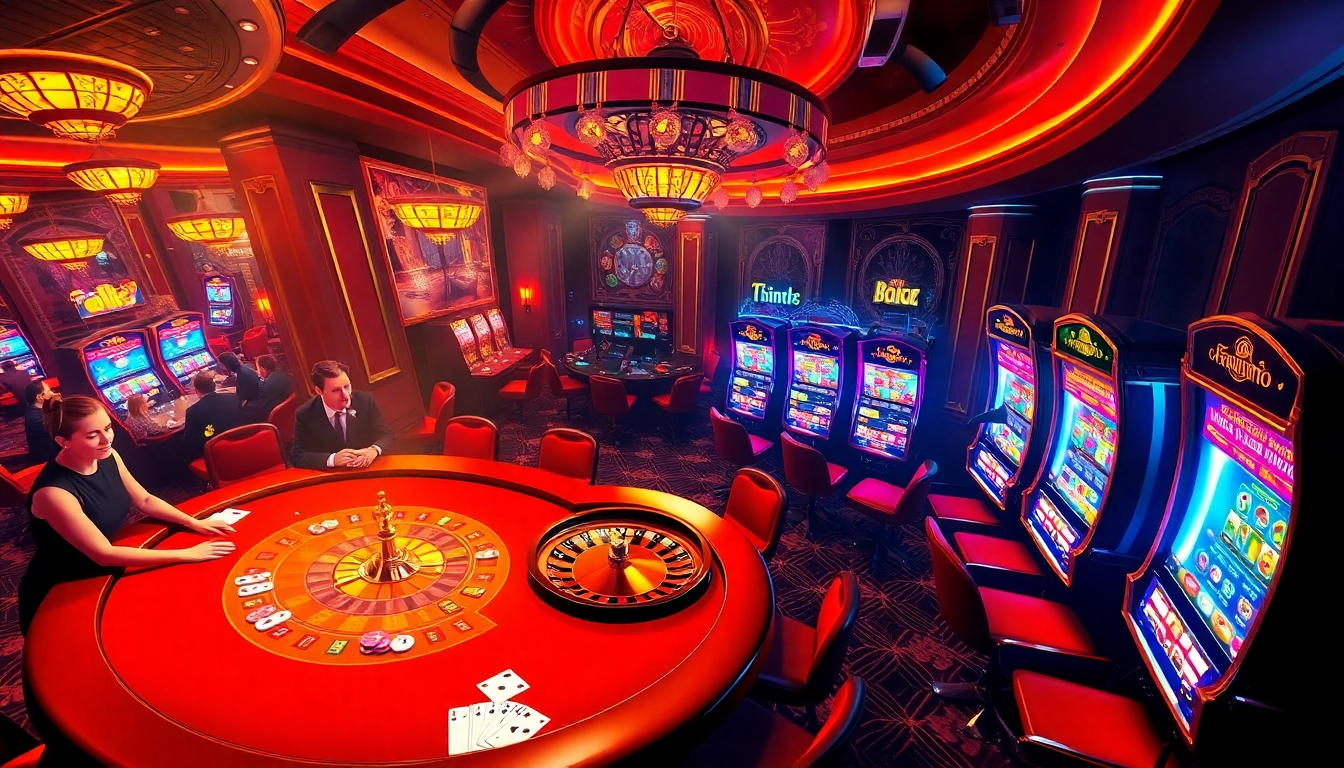 Une scène de casino luxueuse avec une table et des machines à sous illustrant l'essence d'un site de casino en ligne.
