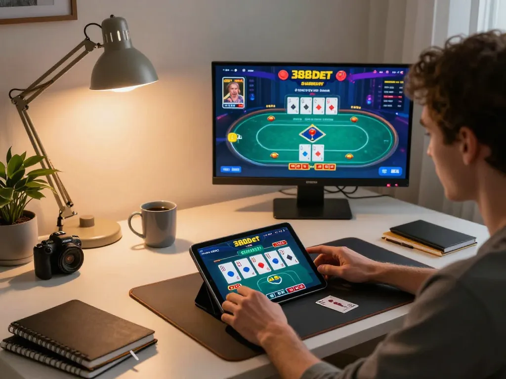 Engaged user playing 388bet poker game on tablet at home, showcasing inviting environment and gaming interface
