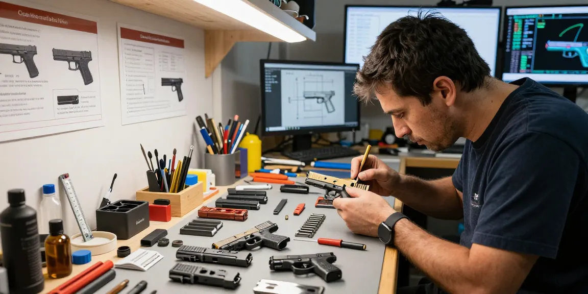 Custom gunsmith working on precision Glock slides at precisionglockslides.com with detailed tools.