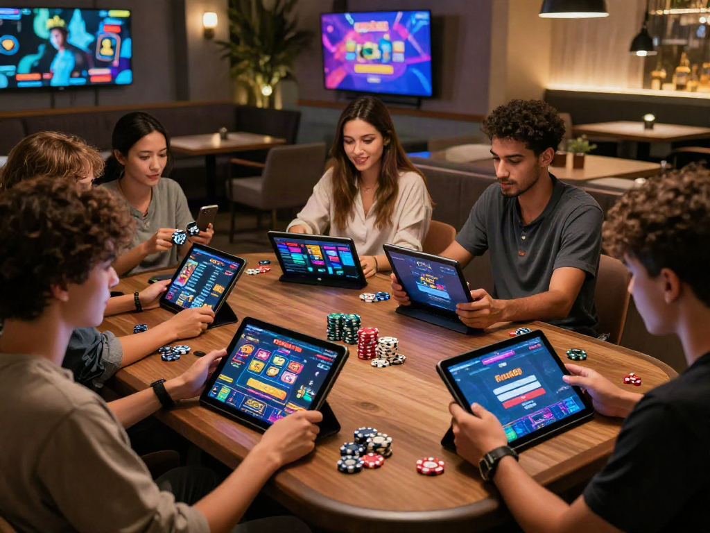 Engaging friends using tablets for rokok88 login on a vibrant gaming platform with dynamic atmosphere.