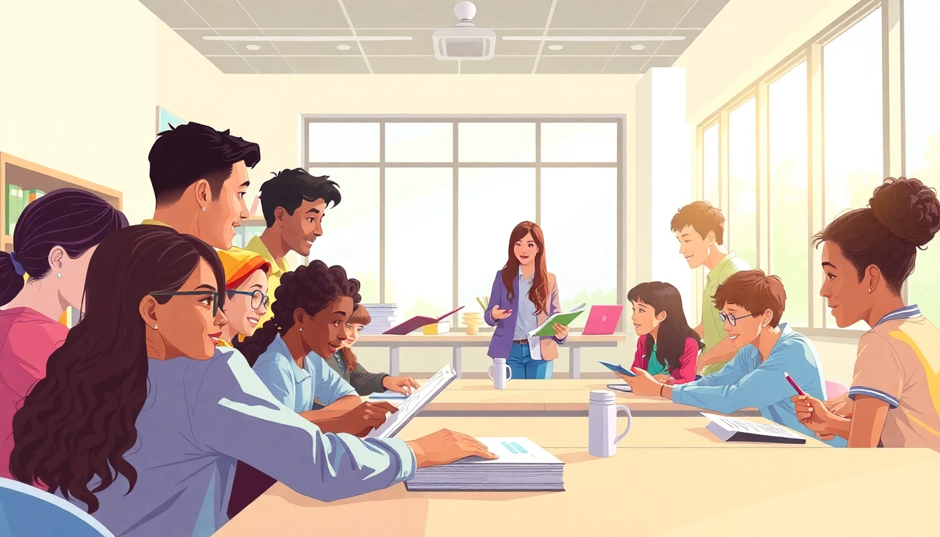 Education setting showcasing students interacting and learning together in a vibrant classroom.
