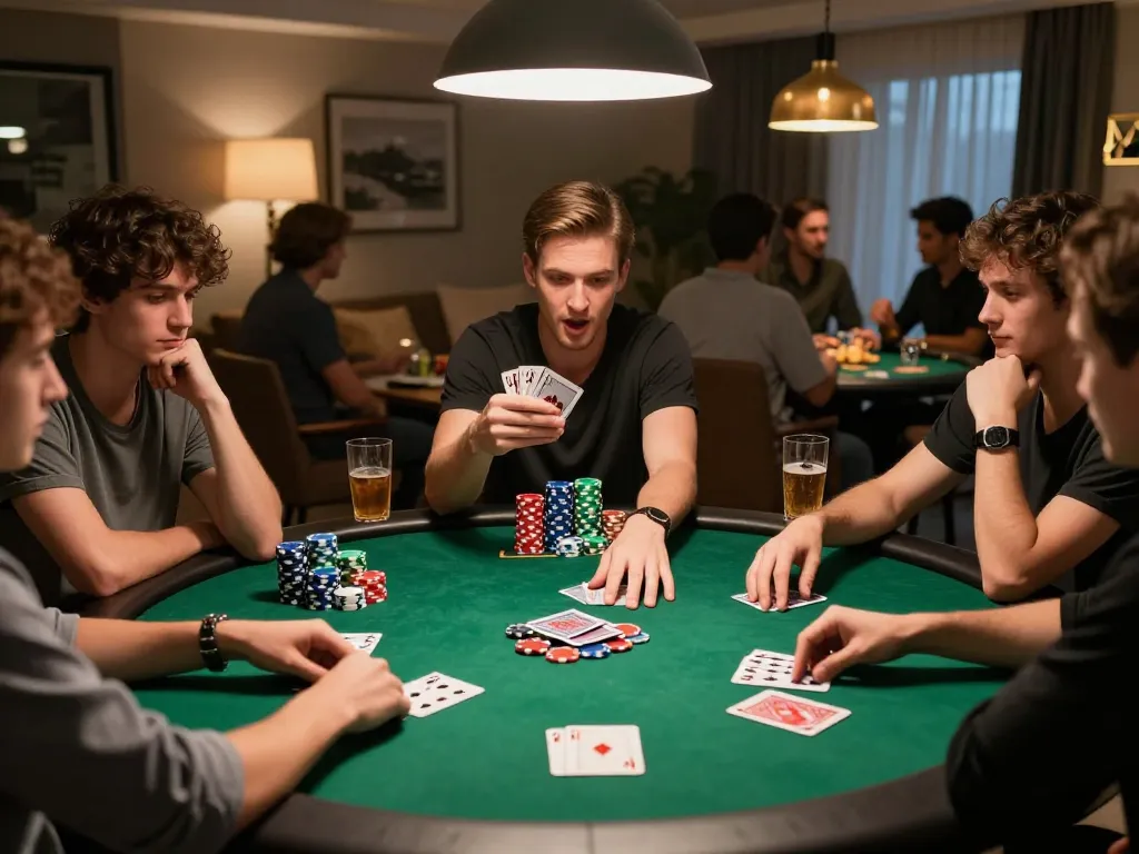 FAFA 828 poker game with friends showcasing excitement and strategy during a home game night