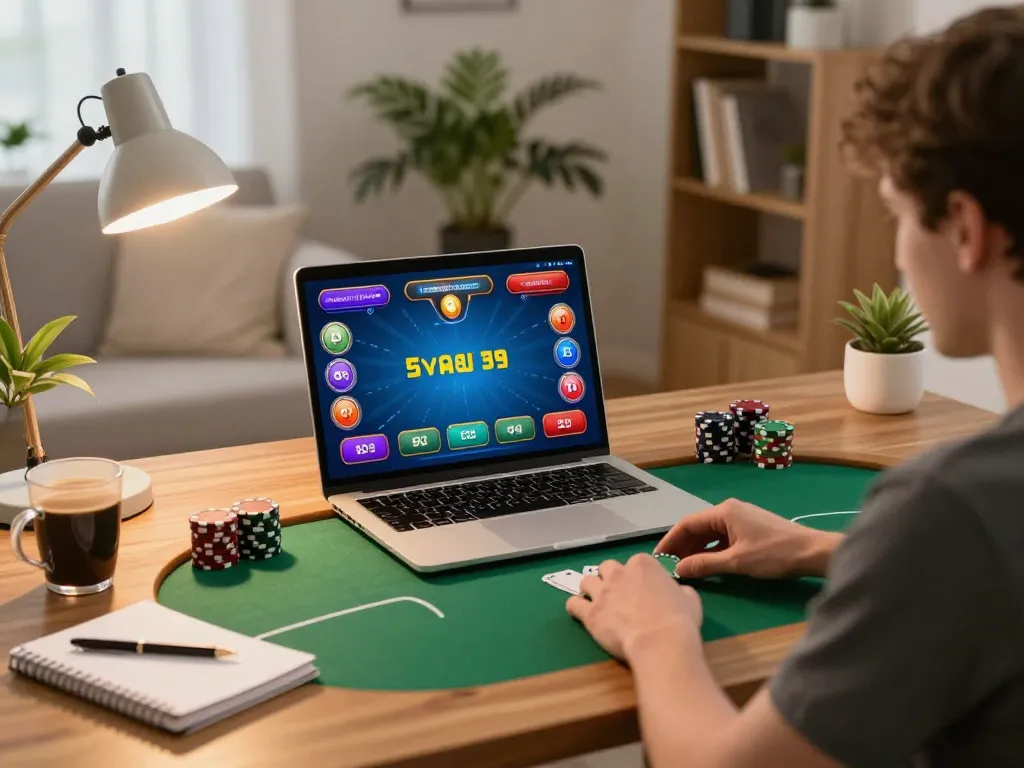 Engaging in a strategic sc88 nhà cái poker session at home with a laptop and notebook.