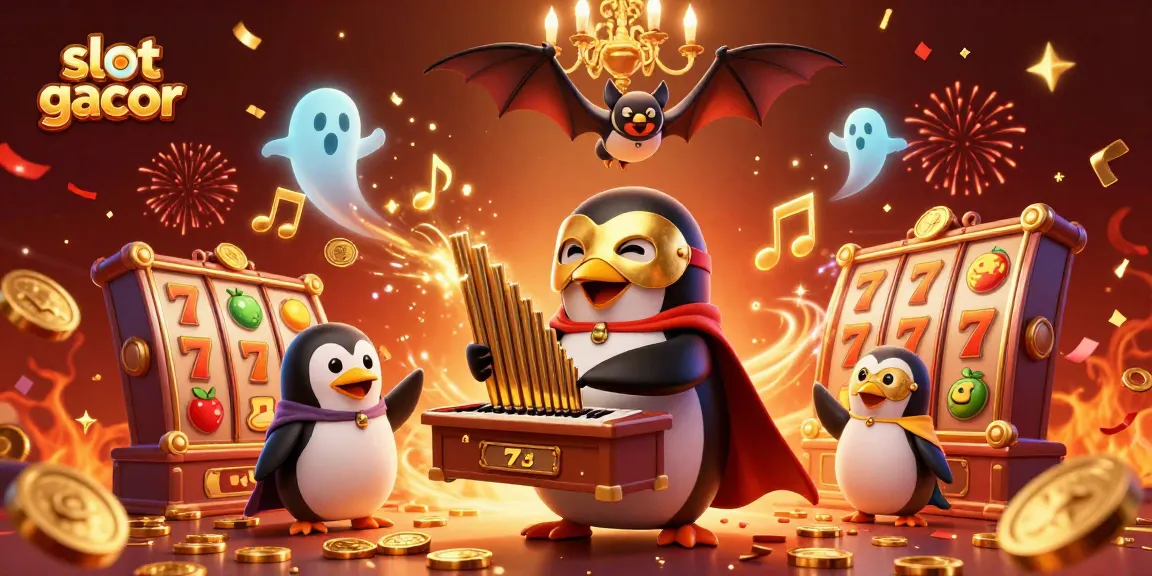 Experience the thrill of slot gacor with dynamic golden coins and vibrant casino elements in this festive illustration.