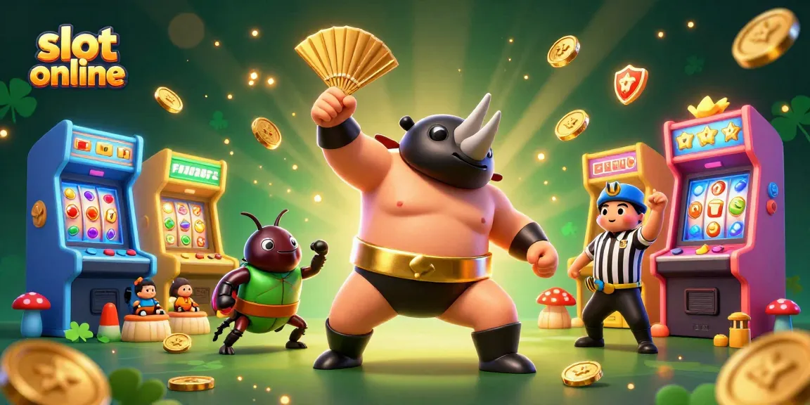 Engage with slot online action as a 3D rhinoceros beetle champion stomps golden coins amidst vibrant gaming elements.