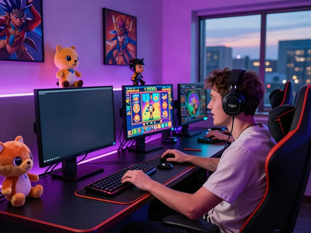 Permainan slot777 yang menarik dengan pemain antusias di meja gaming futuristik.