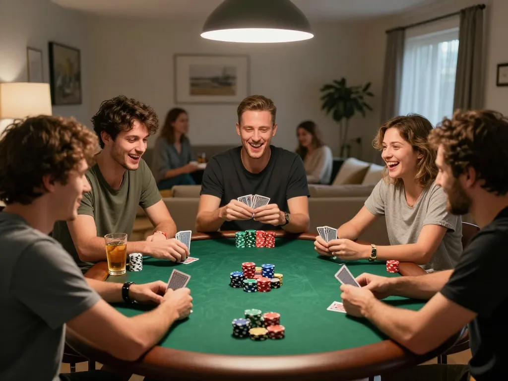 Players enjoying a lively poker game at home together while engaging in friendly banter with AE888.