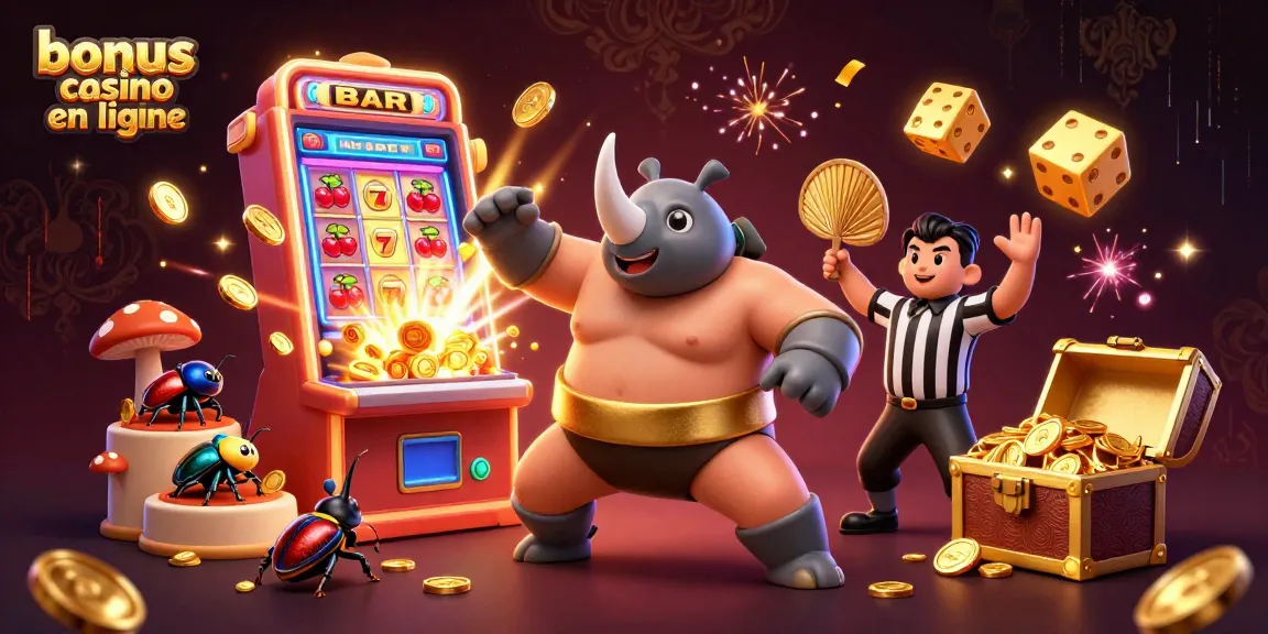 Bonus casino en ligne : un scorpion géant et un arbitre de cricket explosent de joie avec des pièces d'or lors d'un événement de casino.
