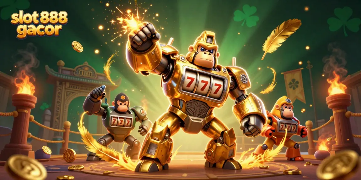 Experience the excitement of slot 888 gacor with a vibrant 3D gorilla mech and coins exploding in this thrilling casino scene.