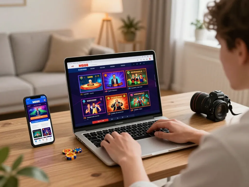 Player engaged in online gambling on MB88, showcasing laptop and smartphone for betting