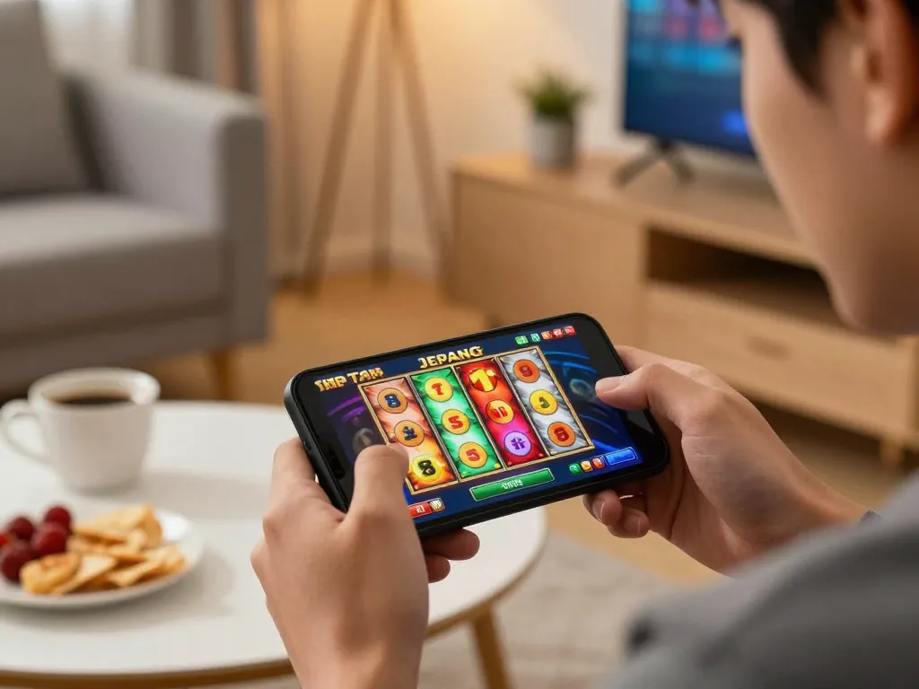 Playing a thrilling slot jepang game on a smartphone, showcasing vibrant reels in cozy home settings.
