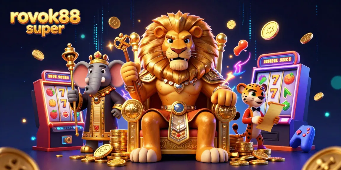 Engage with rokok88 super's vibrant casino world featuring lion king and friends amidst slot machines.