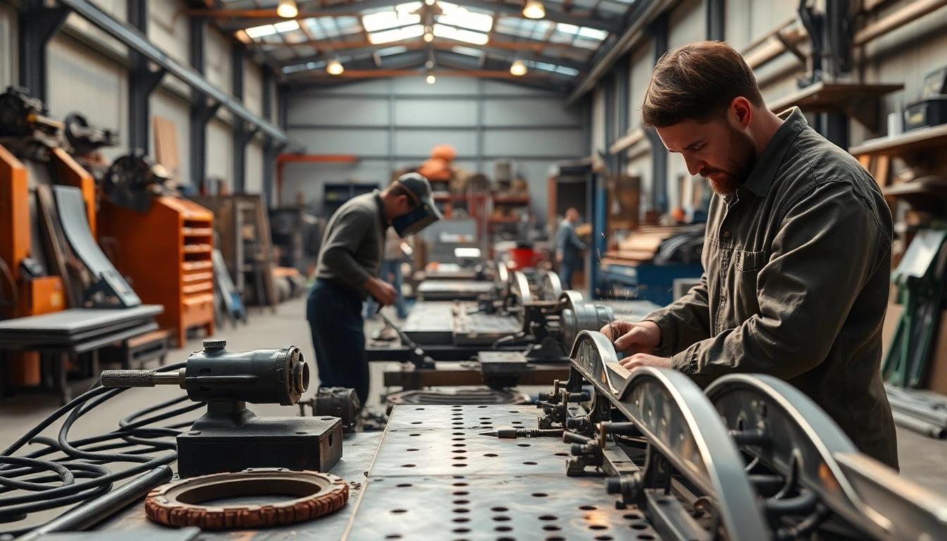 Craftsmen in a custom metal fabrication workshop showcasing detailed techniques.