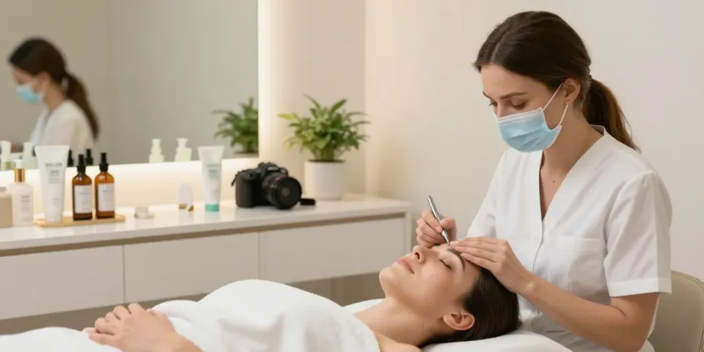 Professionelle Behandlung zum Augenringe abdecken in einem ruhigen Schönheitssalon mit veganen Produkten.