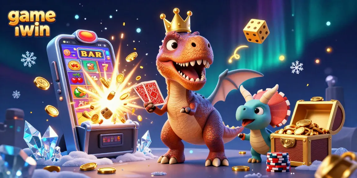 Experience game iwin with a dynamic scene of cartoon dinosaurs engaged in casino fun.