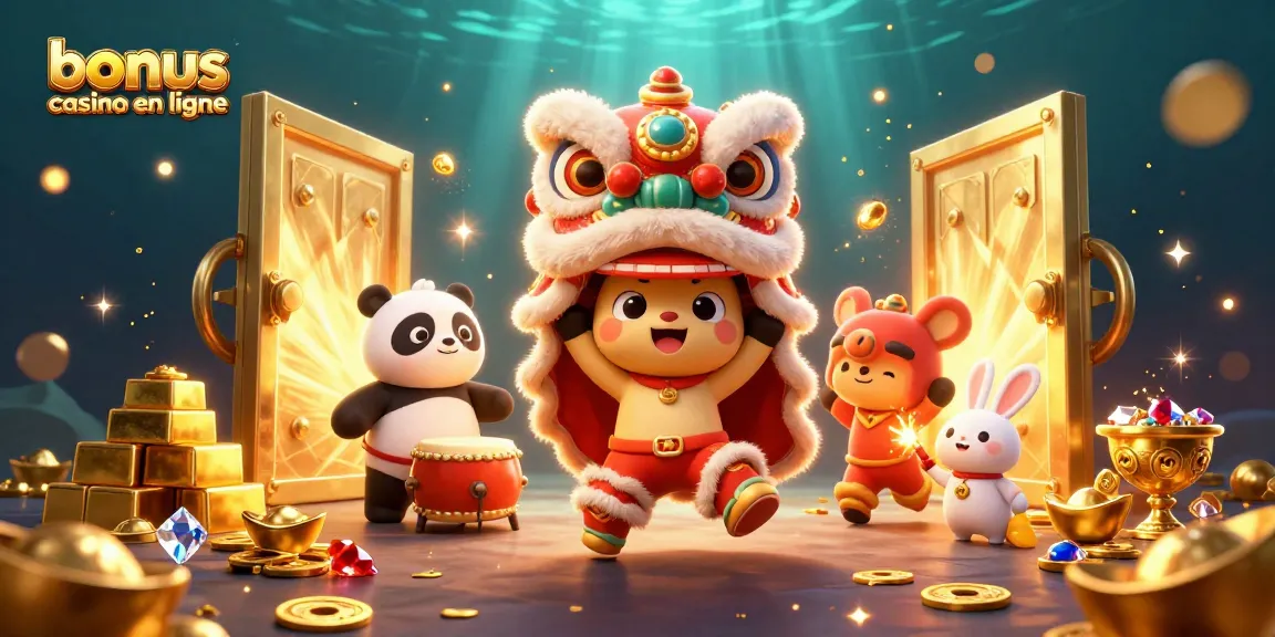 Profitez de bonus casino en ligne avec des personnages de danse lion, des trésors et des lumières brillantes.