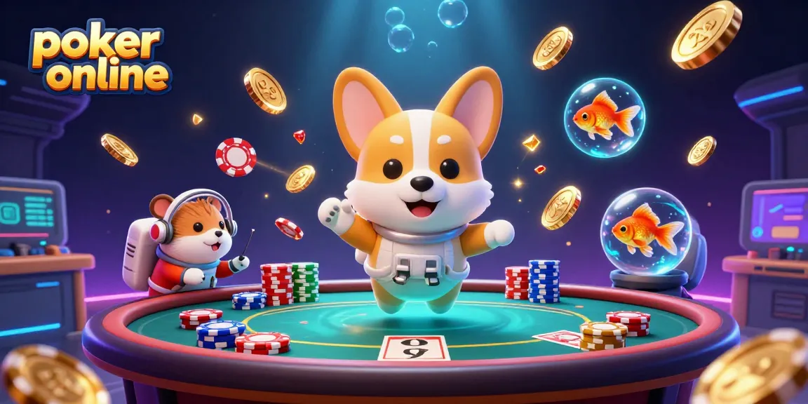 Jouez au poker en ligne avec une ambiance cosmique, des jetons et des pièces flottantes.