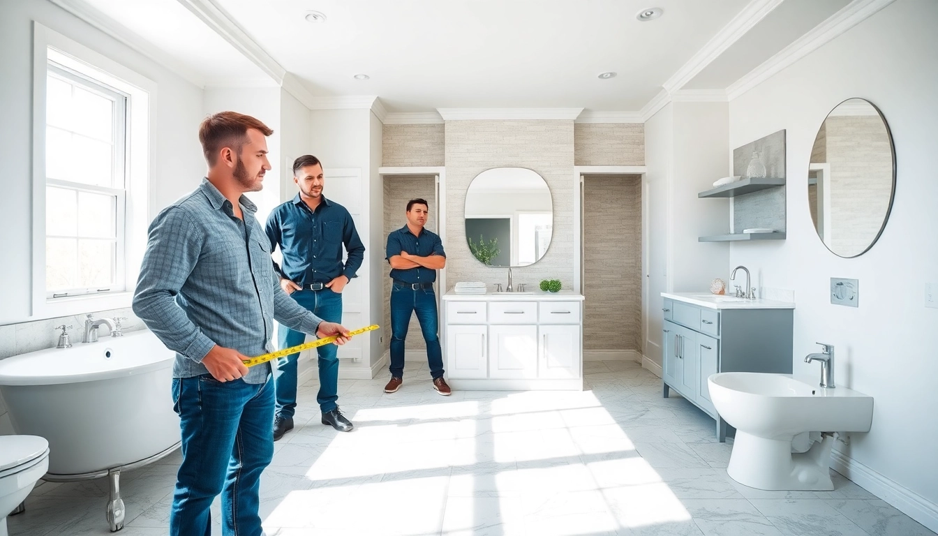 Bathroom renovation contractors near me assessing stylish updates in a partially completed bathroom.