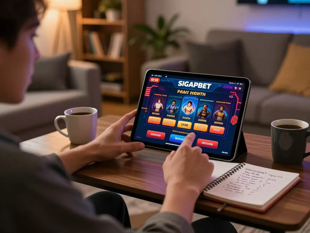 Player enjoying SIGAPBET games on a tablet in a cozy living room with betting strategy notes.