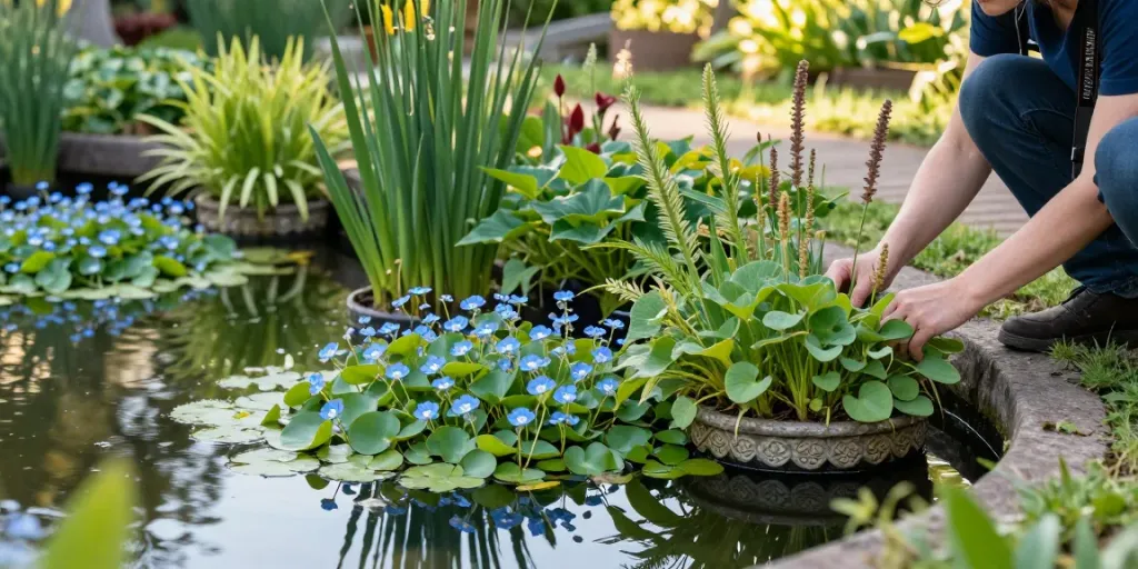Marginal Pond Plants thriving in a garden pond with a person adjusting aquatic baskets, highlighting wildlife-friendly habitat design.