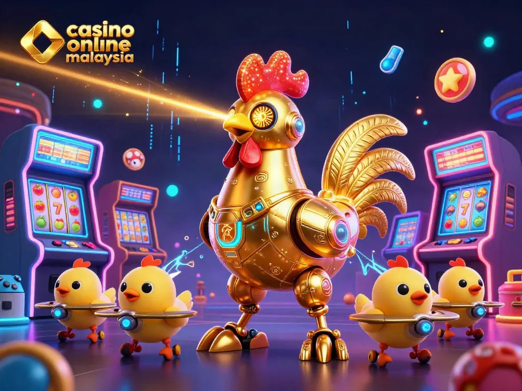 Experience exciting gaming at casino online malaysia with a golden rooster robot and colorful arcade machines.